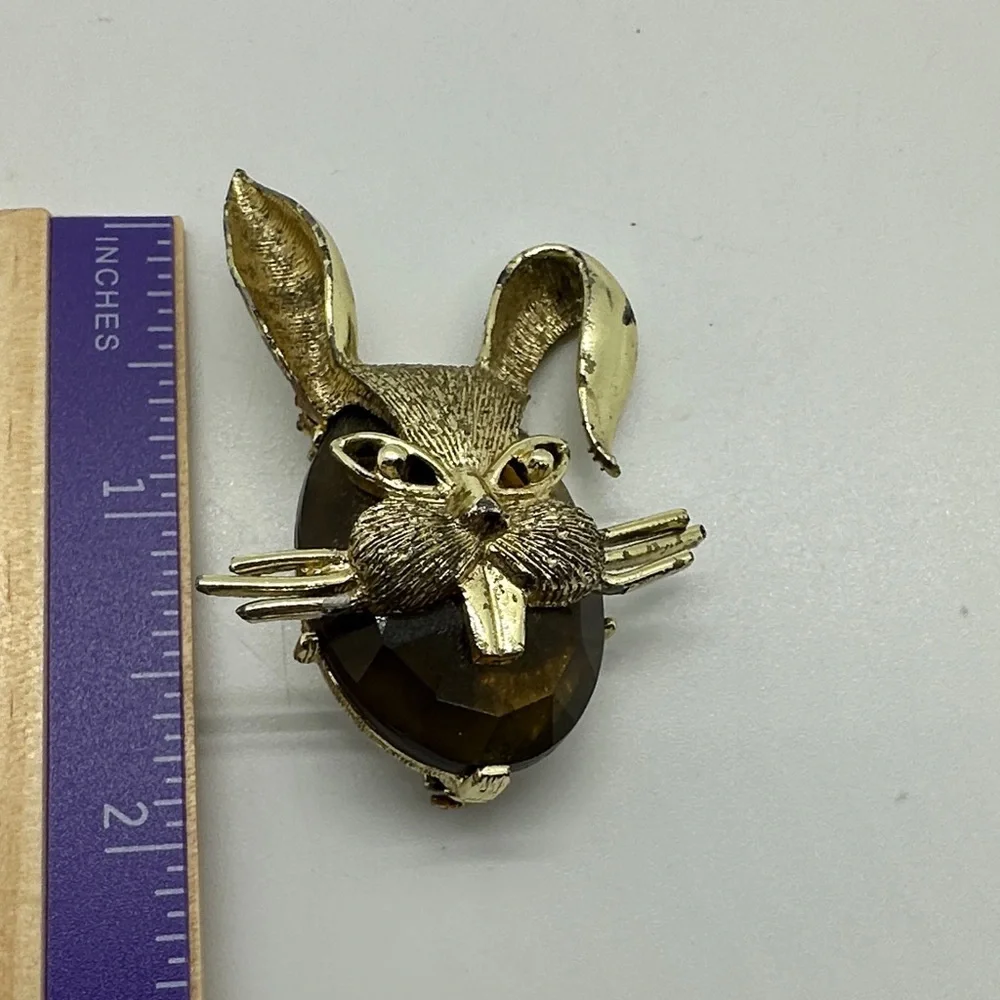 Mischievous Gothic Bunny Gold and Brown Rabbit Brooch Costume Jewelry